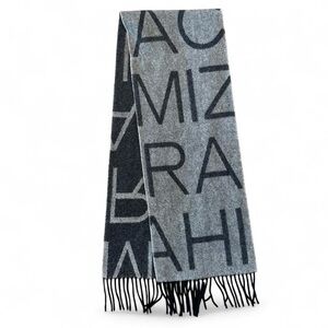 Isaac Mizrahi 100% Cashmere Logo Scarf Gray & Black Fringe Designer Winter Wrap